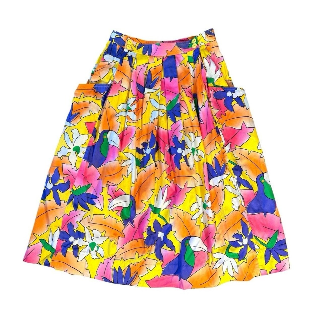 Vintage‎ SK & Co. Bright Tropical Bird Cotton Midi Skirt Festival Women's XS